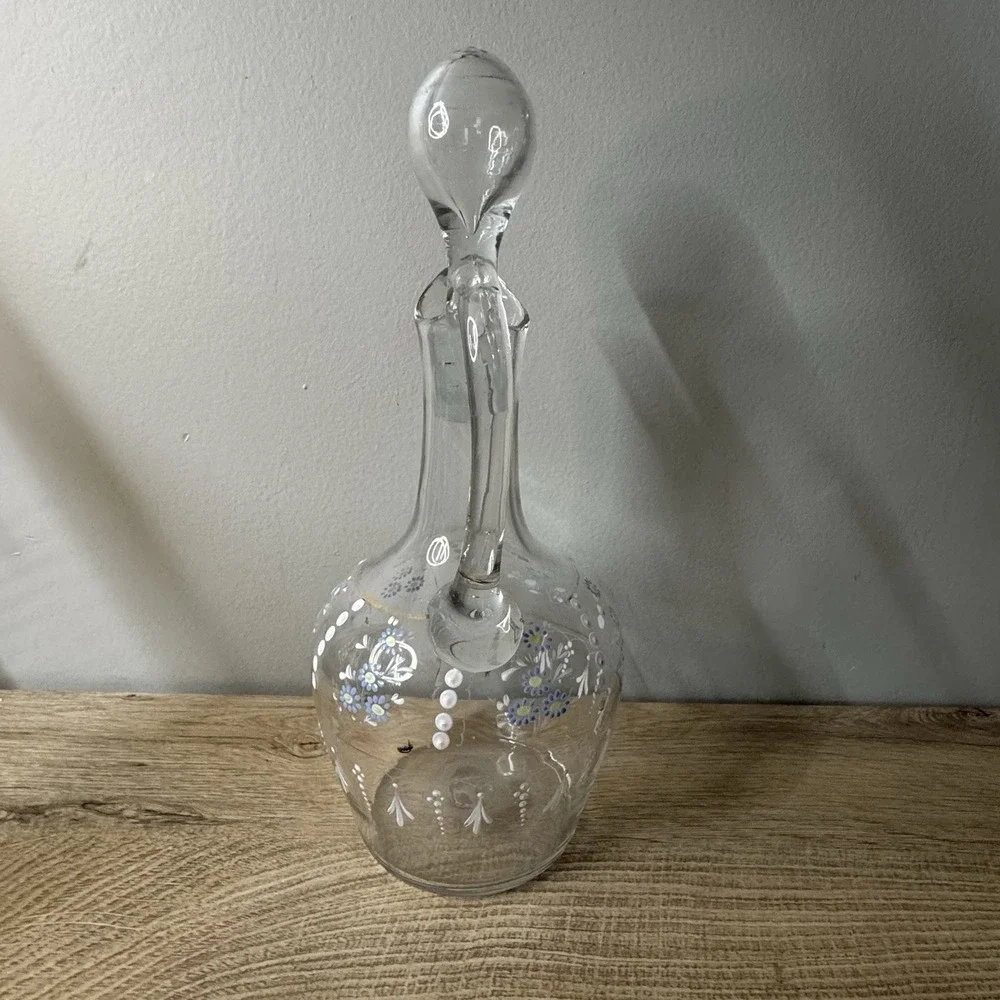 Vintage Clear Glass‎ Decanter Jug Ewer Hand Painted Floral Enamel Stopper MCM